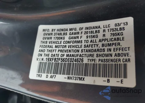 2013 Honda Civic Lx from USA, damaged, VIN 19XFB2F56DE024626